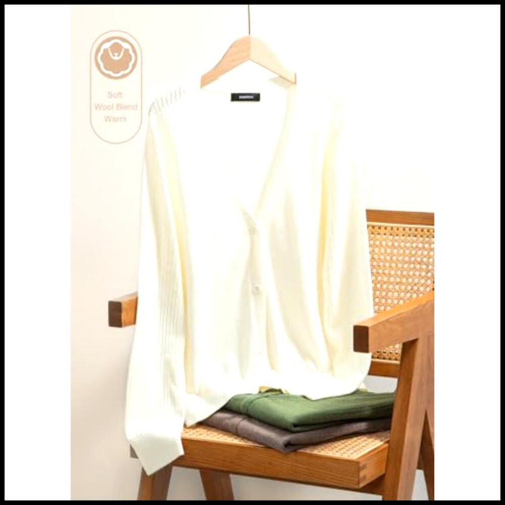 Wool Blend V-Neck Cardigan Sweater Long Sleeve Button Down Hollow Out Knit - Picture 3 of 7